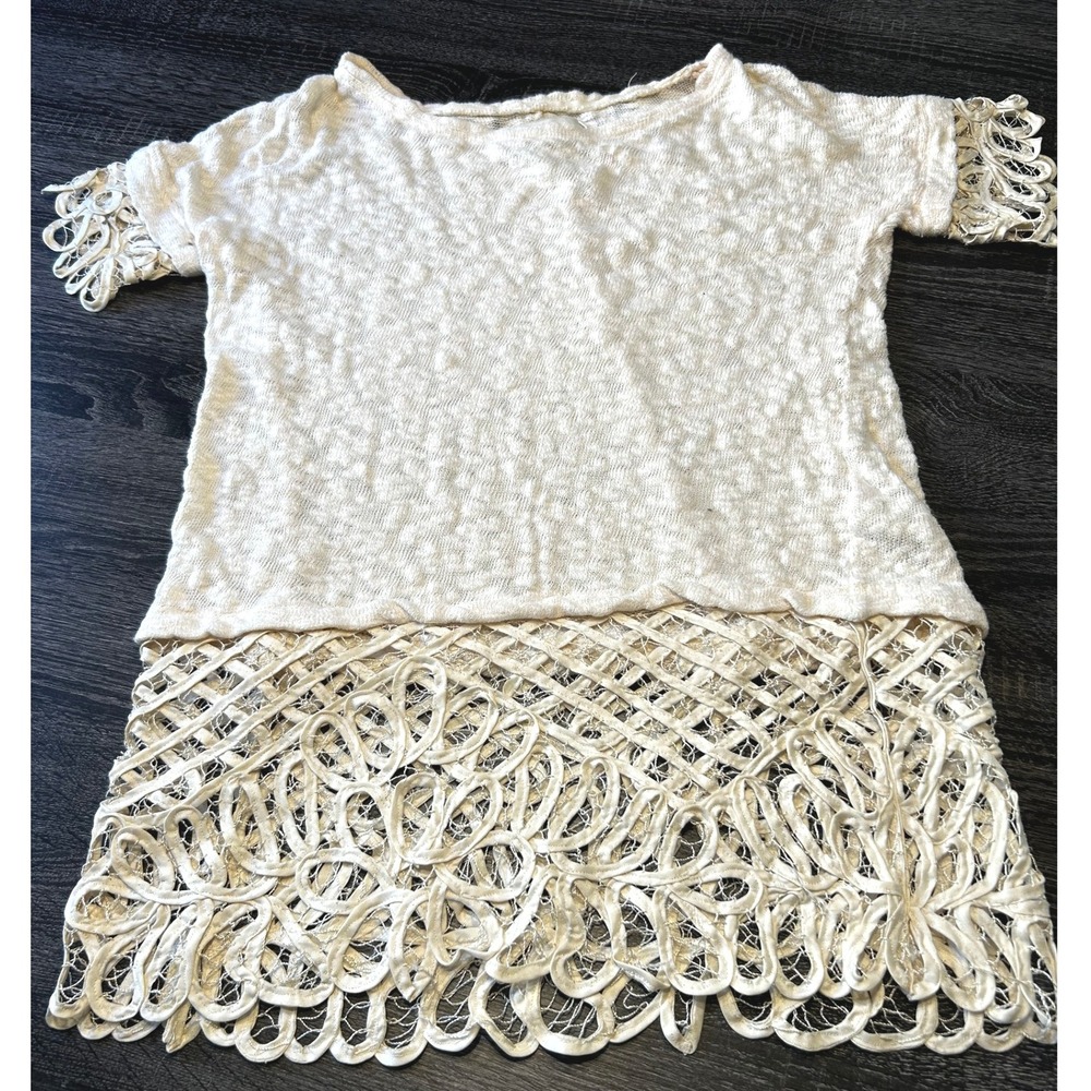 Saturday Sunday Women's Crochet Lace Trim Knit Top Short Sleeve